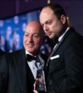 Vladimir Kara-Murza is receiving the OXI Courage Award from Michael Psaros